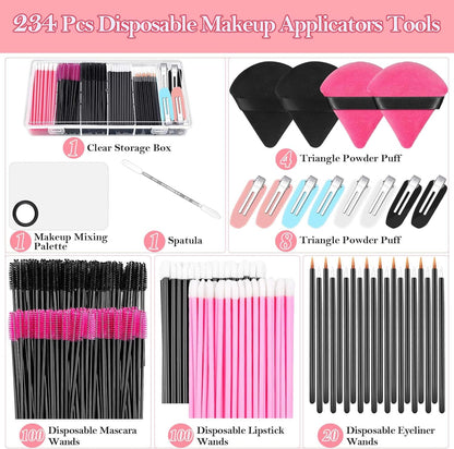 Disposable Applicators Kit with Makeup Puff, Mixing Palette, Artist Supplies, Accessories, Mascara Wands, Lip Brushes, Hair Clips, Powder Puffs for Face with Storage Box