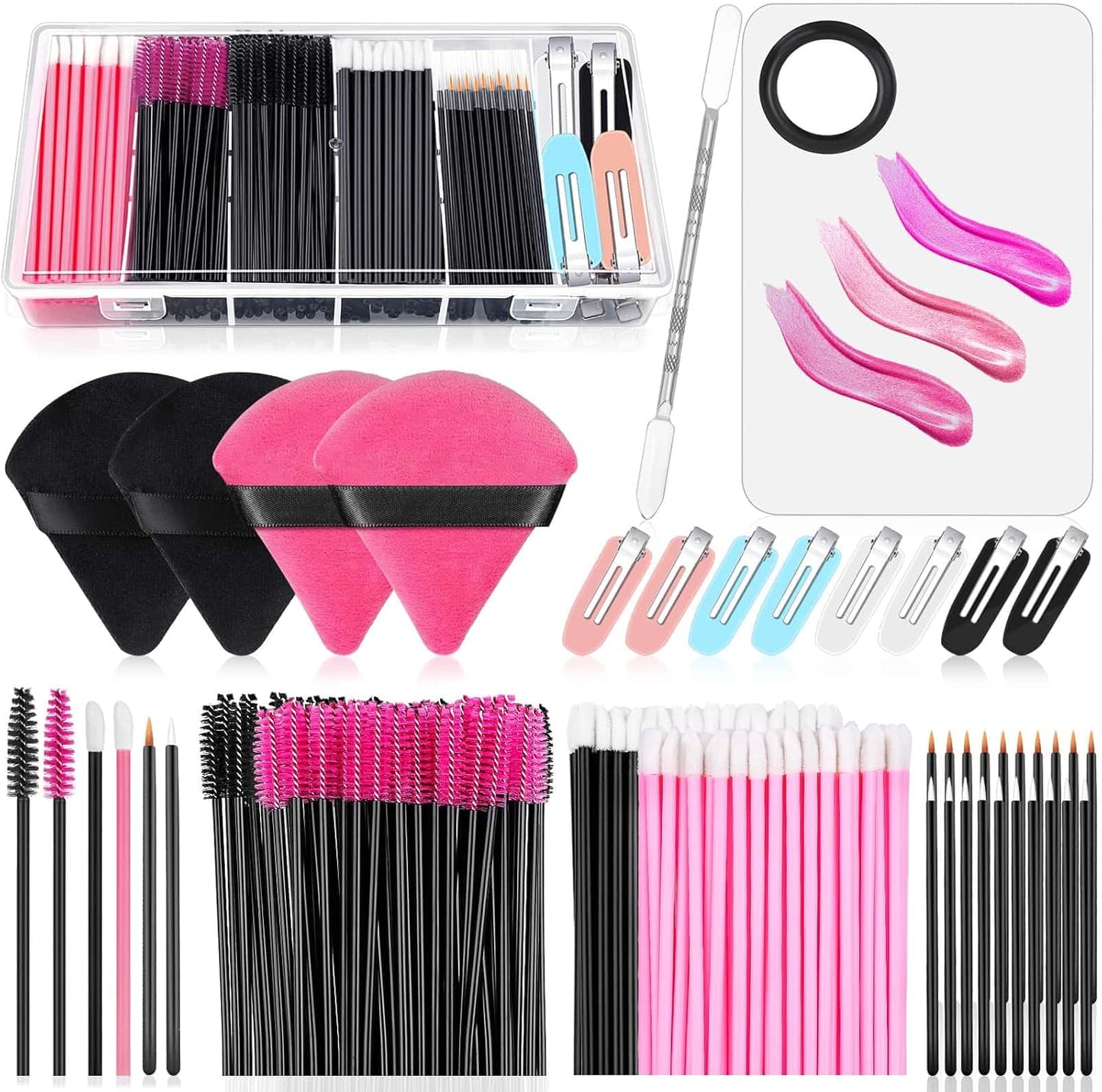 Disposable Applicators Kit with Makeup Puff, Mixing Palette, Artist Supplies, Accessories, Mascara Wands, Lip Brushes, Hair Clips, Powder Puffs for Face with Storage Box